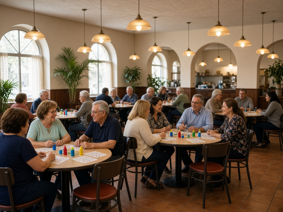 Personas adultas en mesas de una sala de bingo, en un ambiente tranquilo y luminoso